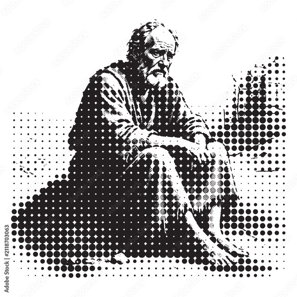 Fototapeta premium Artistic monochrome portrait of a sitting man using halftone dots, rasterized patterns, stippling effects, and screenprint texture for a vintage graphic look