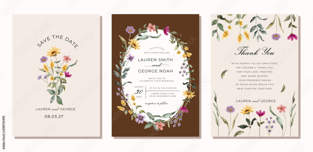 Obraz premium wedding invitation card set with beautiful wildflower watercolor