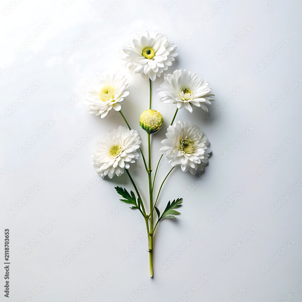 Obraz premium A beautiful bouquet of white chrysanthemum flowers arranged symmetrically on a clean white background for minimalist floral design