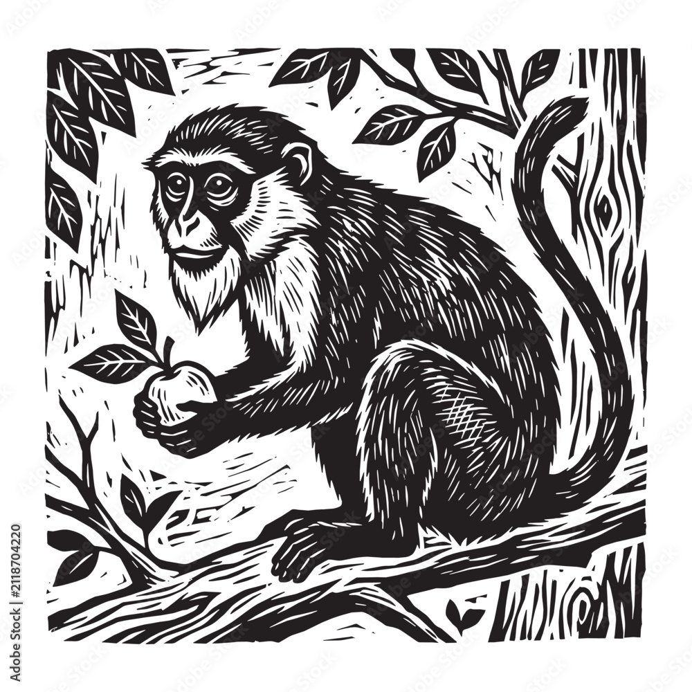 Fototapeta premium Woodcut engraved relief carved printmaking illustration of a monkey sitting on a tree branch holding a piece of fruit in a black and white monochrome style.