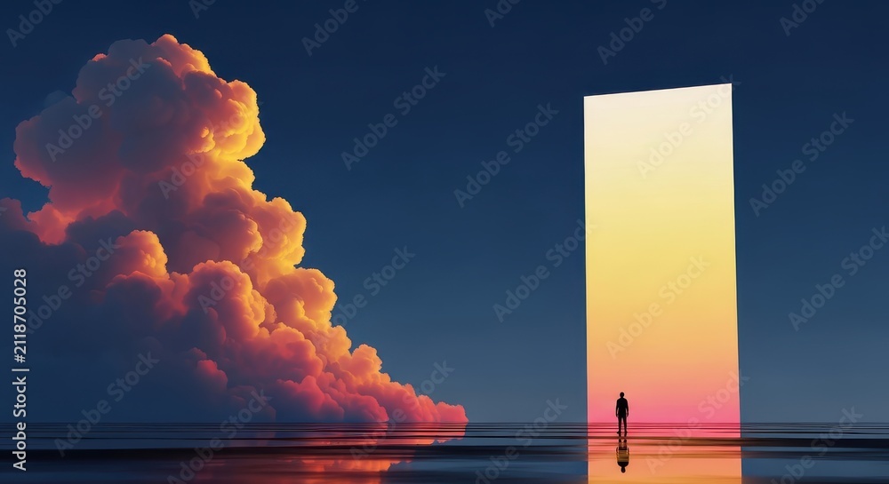 Obraz premium Surreal Concept of a Man Standing Before a Glowing Portal in a Dramatic Sunset Sky with Large Clouds