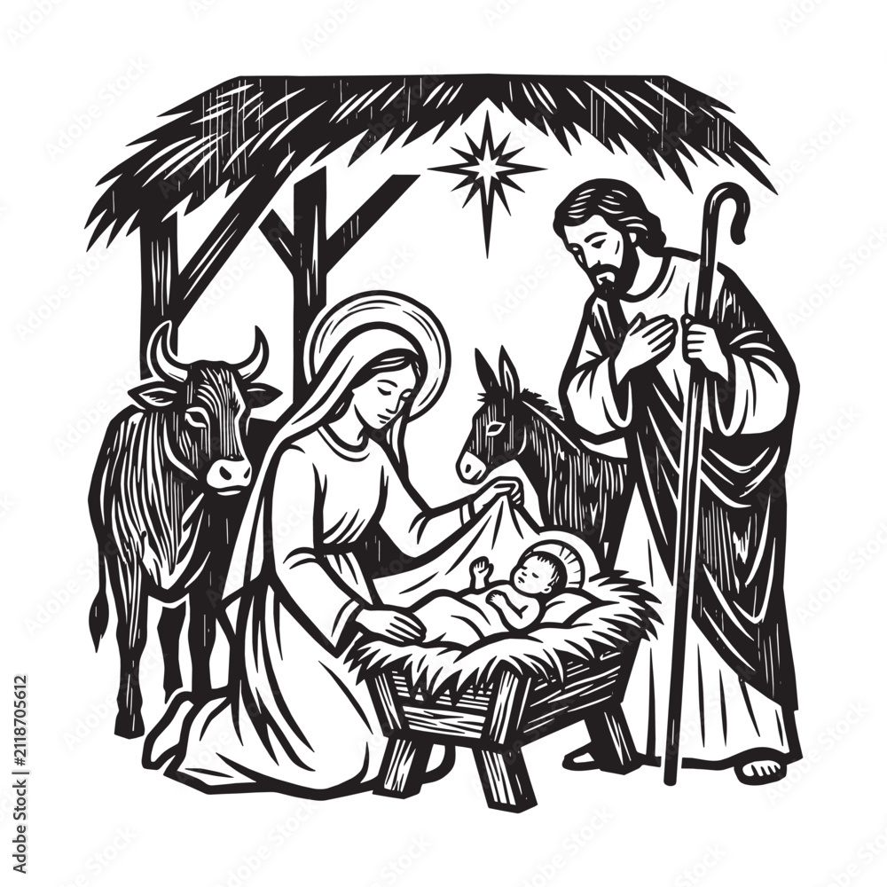 Obraz premium Nativity scene with Mary Joseph and baby Jesus in a woodcut engraved relief style printmaking illustration isolated on white background
