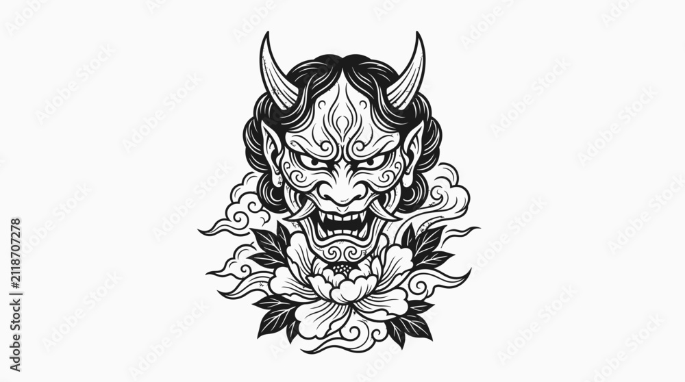 Fototapeta premium Japanese Oni Mask Tattoo Design with Peony Flowers and Clouds