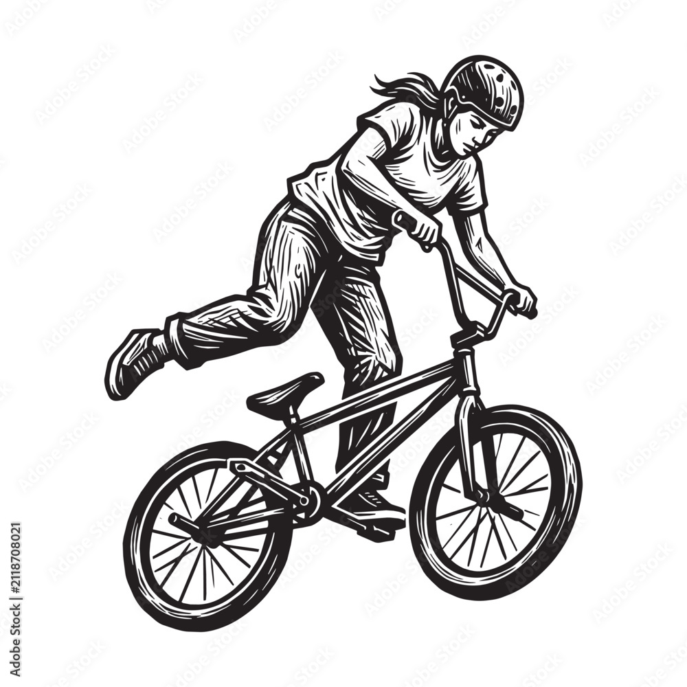 Fototapeta premium BMX Rider Performing a Mid-Air Stunt Trick, Woodcut Engraved Relief Carved Printmaking Style Illustration of Extreme Sports Activity