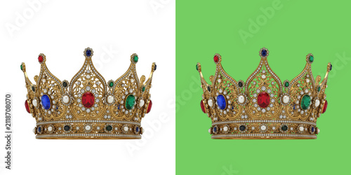 Ornate golden royal crown and green