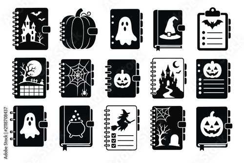 Set of halloween themed notebook and planner icons, vector illustrations