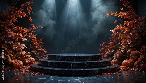 Empty product display podium with autumn leaves. Fall season stage for commercial showcase.