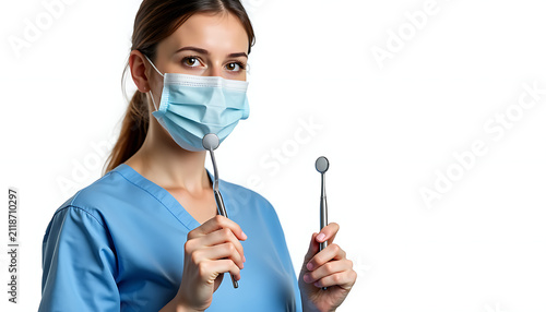 Young female dentist wearing light blue scrubs and mask holding dental mirror and probe for patient examination in studio setting.
