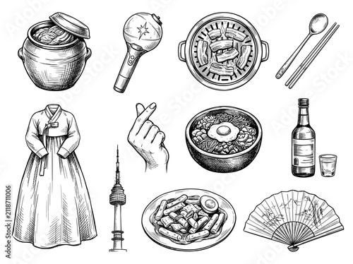 South Korea travel culture and food icon set, featuring kimchi, k-pop, barbecue, traditional landmarks, ink sketch illustration