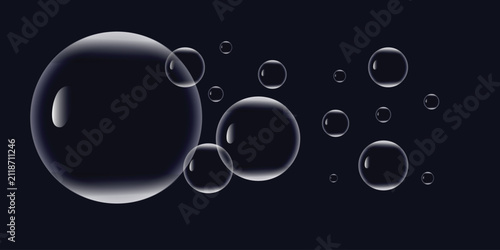 Foto Abstract background featuring transparent soap bubbles floating against a deep d