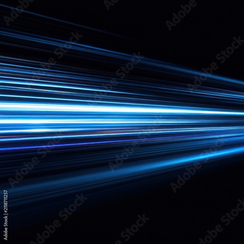 Blue Light Trails Moving Fast in Dark Night Scene