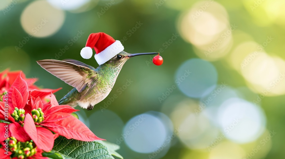 Obraz premium Hummingbird wearing a Christmas hat, flying near a poinsettia, holding a red berry, bringing holiday joy and nature's charm
