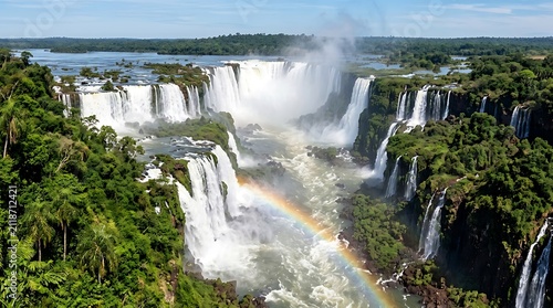 Iguazu Falls Cascading Waterfalls with Rainbow