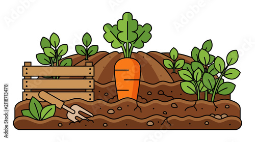 vivid vegetable garden with freshly planted carrots lettuce and soil with gardening tools for sustainable farming livelihood