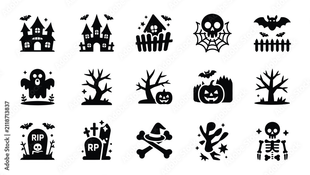 Fototapeta premium Set of fifteen flat vector icons representing traditional spooky halloween symbols