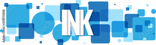 Bold ink lettering centered over blue squares and circles abstract decorative banner for creative projects