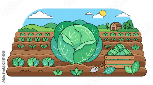 Lush vegetable garden with leafy greens, small farm structures, and a tranquil rural landscape under sunny sky