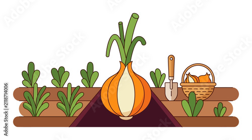 illustration of onion and various garden plants in a simple farm setting highlighting local produce and gardening scenes