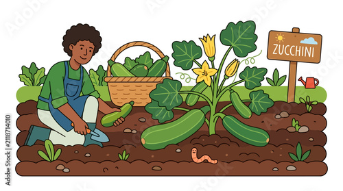 Child Gardening with Zucchini Plants and Garden Tools in a Vegetable Patch