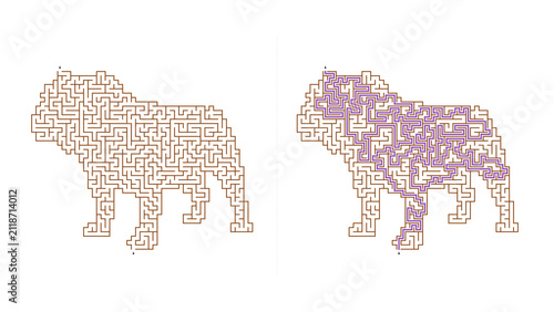 A bulldog silhouette maze isolated on a white background. The animal's outline. Brain training concept.