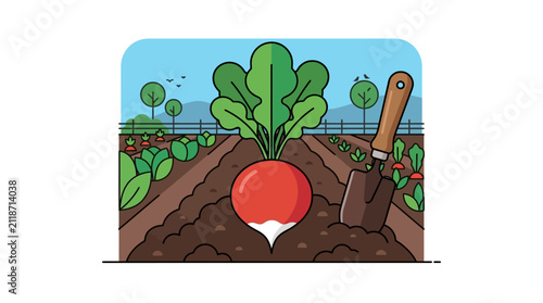 Vibrant vegetable garden depicting radish growth with lush leafy greens and cultivated soil in an outdoor setting