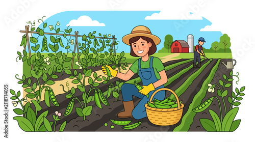 illustration of a woman harvesting fresh vegetables in a vibrant colorful farm scene with a cheerful atmosphere and lush greenery