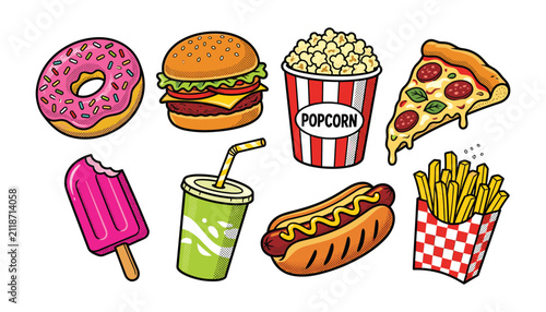 фотографія Fast food pop art vector icon set featuring retro halftone comic style burger pi