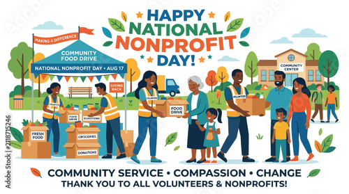 Fotografie Volunteers distributing food boxes during community food drive celebrating natio
