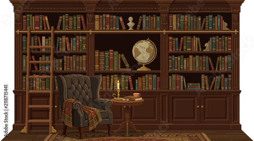 Elegant victorian style library with tall wooden bookshelves a vintage armchair globe with library interior with bookshelves filled books, depicts refined library