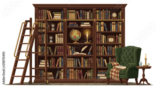 Vintage library bookshelf with ladder reading chair and classic decor in cozy study with depicts vintage style library large wooden bookshelf