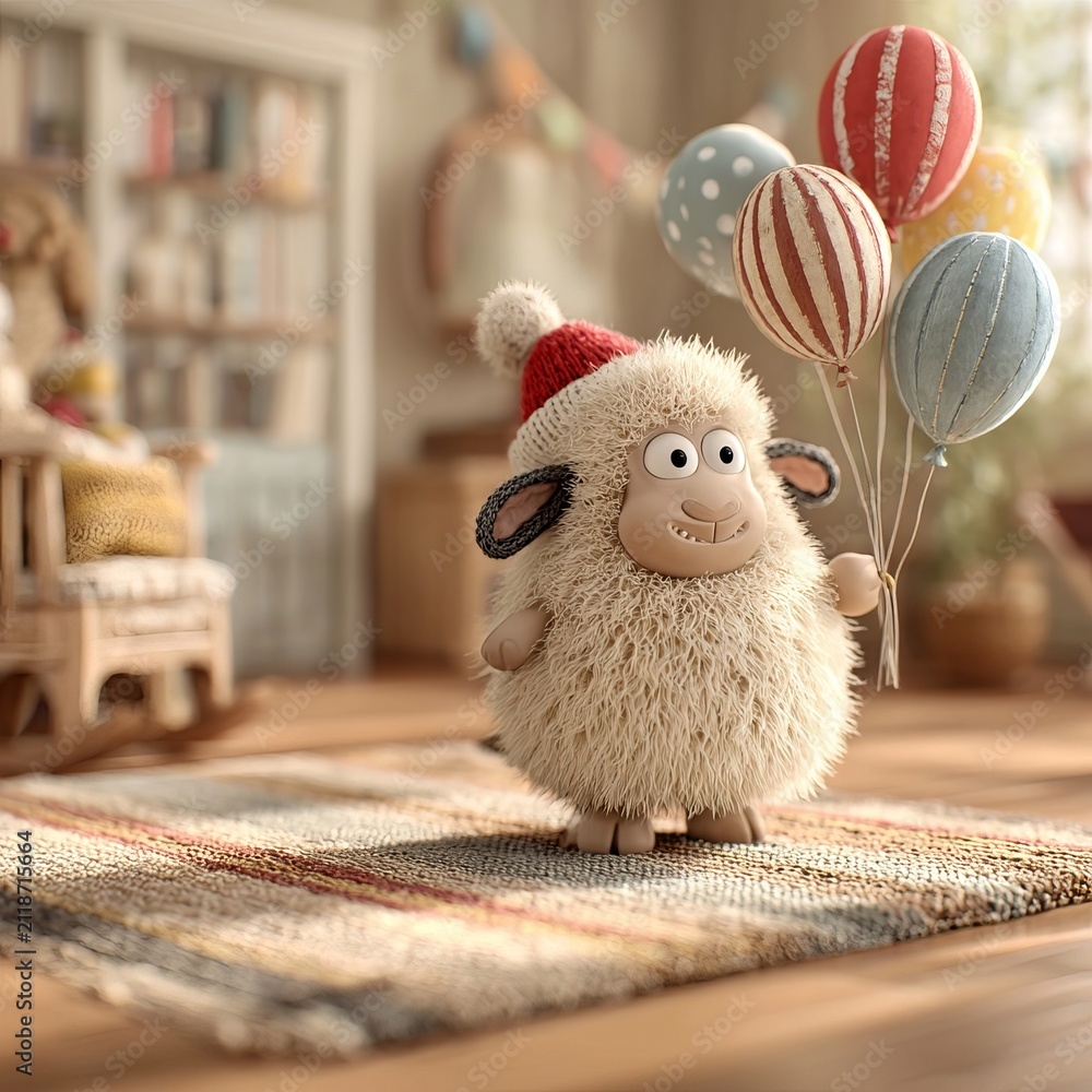 Obraz premium A cute fluffy toy white sheep wearing red Santa hat holds festive colorful celebratory balloons top
