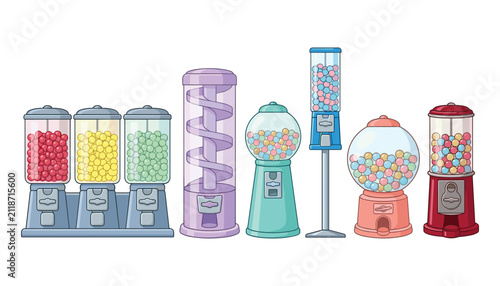 Foto Gumball machine vector illustration set with various colorful candy dispensers b