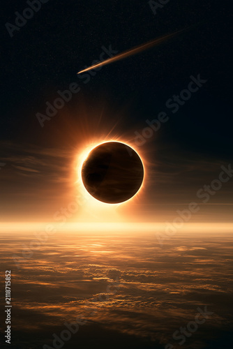 Solar Eclipse Over a Quiet Horizon with shooting star