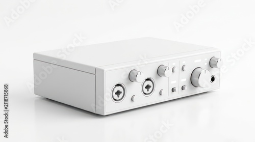 White audio interface with multiple inputs.