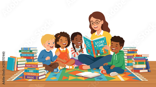 Children sitting cross legged on floor enjoying story time with a female teacher reading a book with cheerful classroom setting storybook bright cheerful