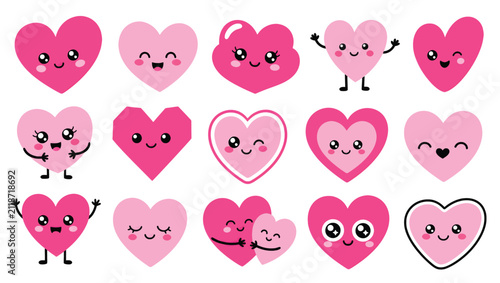 Collection of cute pink heart characters with various facial expressions and poses