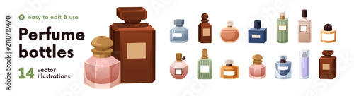 Perfume bottles set. Glass fragrance jars. Different scents, aroma cosmetic p...