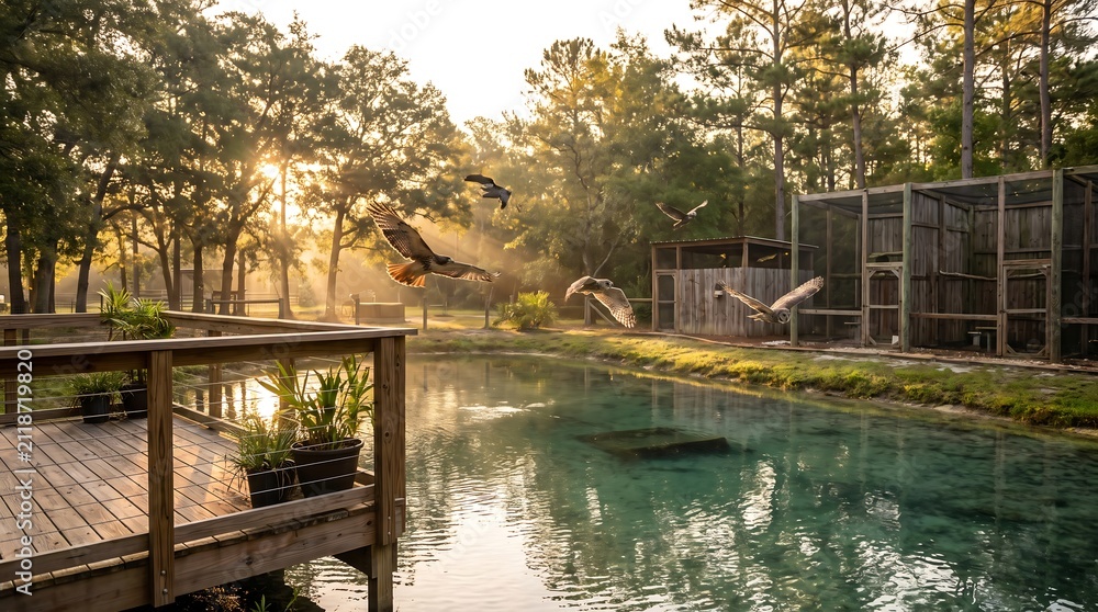 Fototapeta premium Birds of prey flying over a clear spring pond at sunrise in a forest setting.