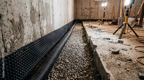 Interior Perimeter Drainage Channel Along Basement Floor Waterproofing