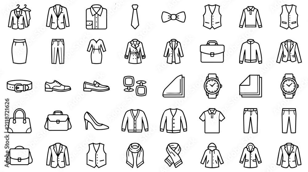 Fototapeta premium Minimalist Business Attire Line Icon Set Collection Corporate Office Clothing Accessories Monochrome Outline Vector Transparent Background