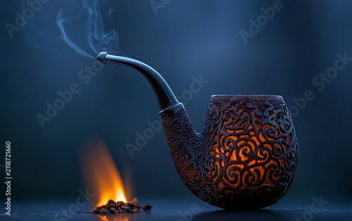 Smoking pipe with ornate design and fire