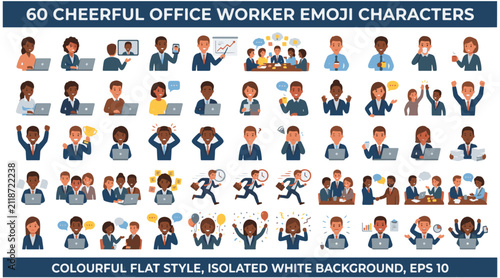 60 Cheerful Office Worker Emoji Characters Set – Business Team, Laptop Work, Meetings, Brainstorming, Productivity, Success, Coffee Break, Colorful Flat Editable Vector EPS