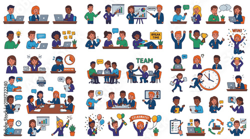 60 Cheerful Office Worker Emoji Characters Set – Business Team, Laptop Work, Meetings, Brainstorming, Productivity, Success, Coffee Break, Colorful Flat Editable Vector EPS