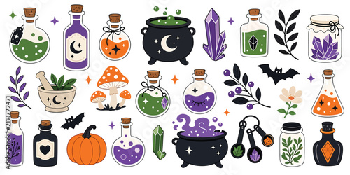 Картината върху платно Set of magic potion bottles, cauldrons, crystals, herbs, and mystical elements f