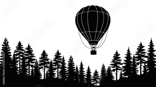 Hot air balloon silhouette flying over a pine forest landscape