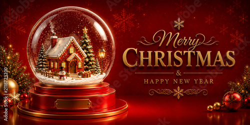 Red Christmas Snow Globe with Merry Christmas Typography, Horizontal Holiday Banner, Realistic 3D Illustration