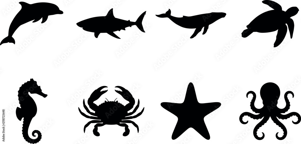 Obraz premium Set of sea animal black silhouettes featuring dolphin shark whale turtle seahorse crab starfish octopus isolated on white background