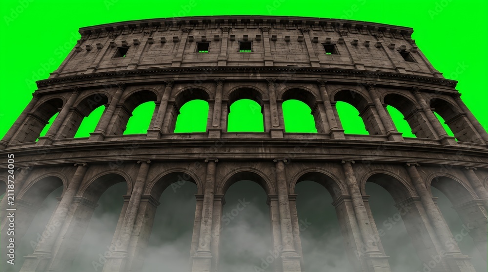 Obraz premium Ancient Roman Colosseum facade isolated on green screen for digital compositing