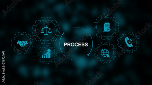 Foto Digital interface featuring the word process surrounded by glowing blue gear wit
