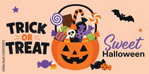 Bild auf Leinwand Halloween trick or treat bucket with candies, chocolate, lollipop, and sweets ve